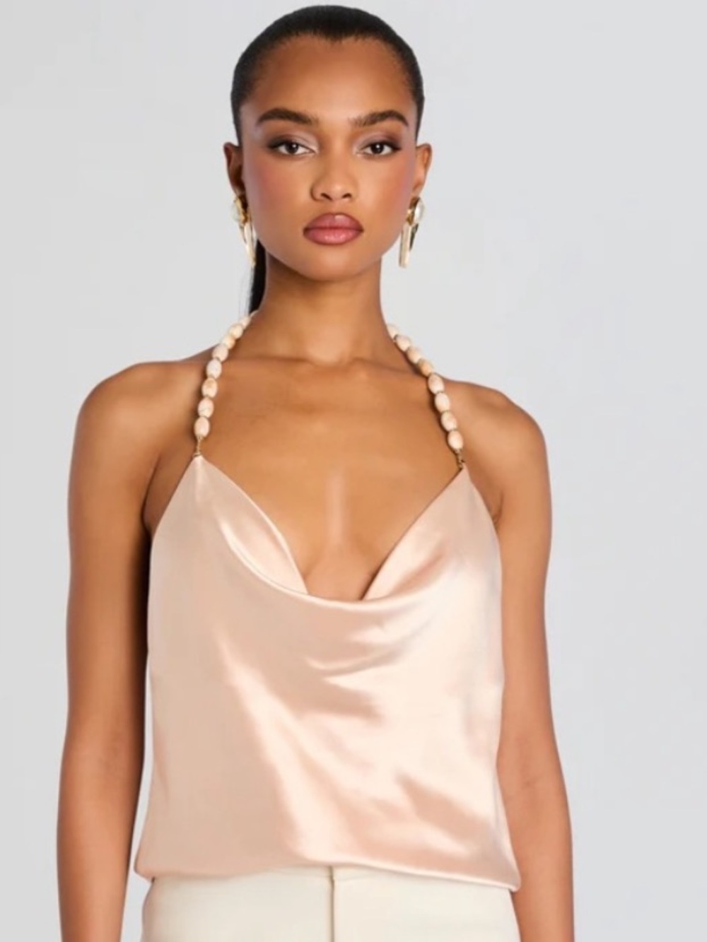 Retrofete Champagne Satin Beaded Halter Cowl Camisole